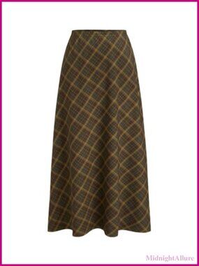 Plaid Maxi Skirt A-Line Pleated High Rise Polyester Blend